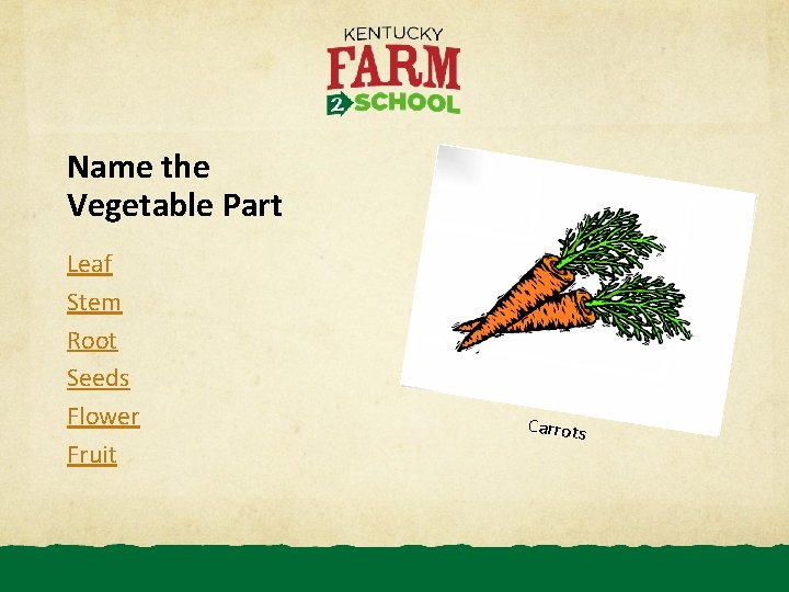 Name the Vegetable Part Leaf Stem Root Seeds Flower Fruit Carrots 