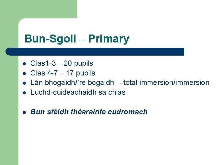 Bun-Sgoil – Primary l Clas 1 -3 – 20 pupils Clas 4 -7 –