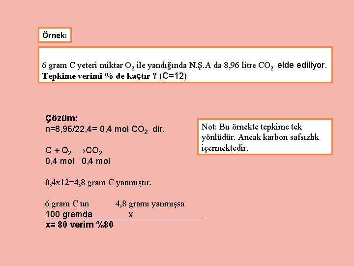 Örnek: 6 gram C yeteri miktar O 2 ile yandığında N. Ş. A da