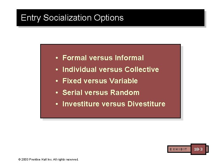 Entry Socialization Options • Formal versus Informal • Individual versus Collective • Fixed versus
