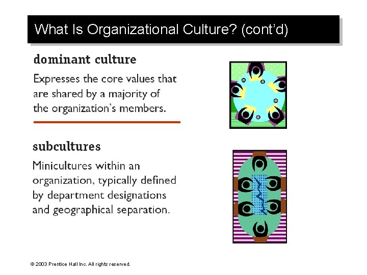 What Is Organizational Culture? (cont’d) © 2003 Prentice Hall Inc. All rights reserved. 