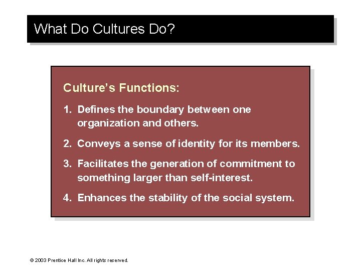 What Do Cultures Do? Culture’s Functions: 1. Defines the boundary between one organization and
