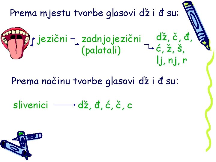 Prema mjestu tvorbe glasovi dž i đ su: jezični zadnjojezični (palatali) dž, č, đ,