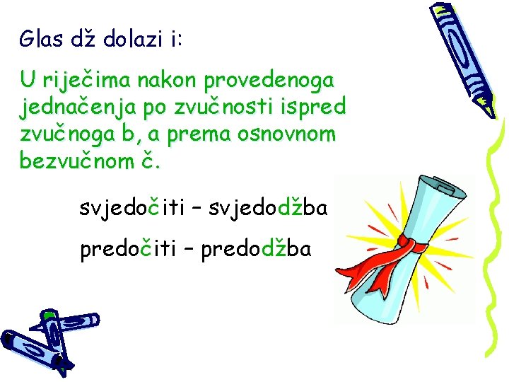 Glas dž dolazi i: U riječima nakon provedenoga jednačenja po zvučnosti ispred zvučnoga b,