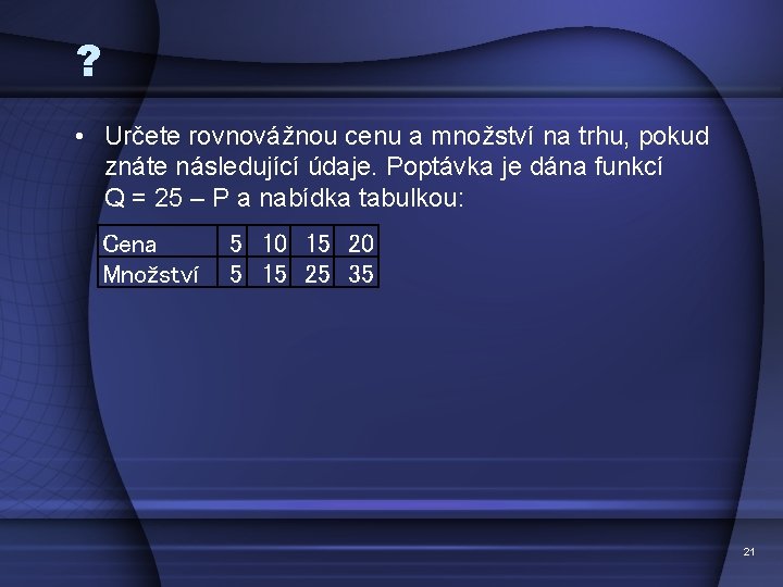 ? • Určete rovnovážnou cenu a množství na trhu, pokud znáte následující údaje. Poptávka