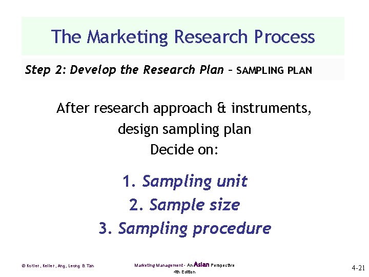 The Marketing Research Process Step 2: Develop the Research Plan – SAMPLING PLAN After