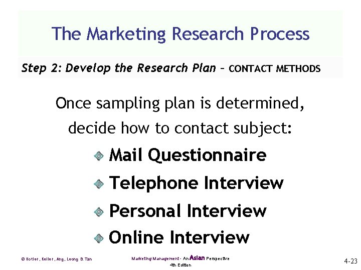 The Marketing Research Process Step 2: Develop the Research Plan – CONTACT METHODS Once
