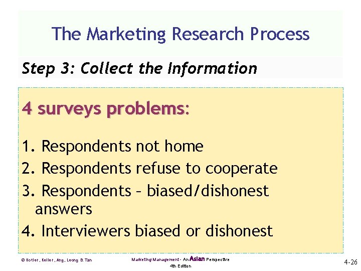 The Marketing Research Process Step 3: Collect the Information 4 surveys problems: 1. Respondents