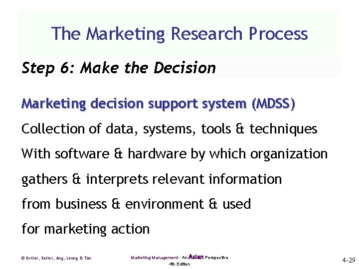 The Marketing Research Process Step 6: Make the Decision Marketing decision support system (MDSS)