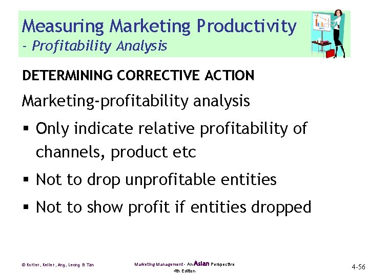 Measuring Marketing Productivity - Profitability Analysis DETERMINING CORRECTIVE ACTION Marketing-profitability analysis § Only indicate