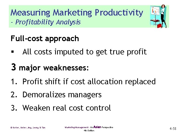 Measuring Marketing Productivity - Profitability Analysis Full-cost approach § All costs imputed to get