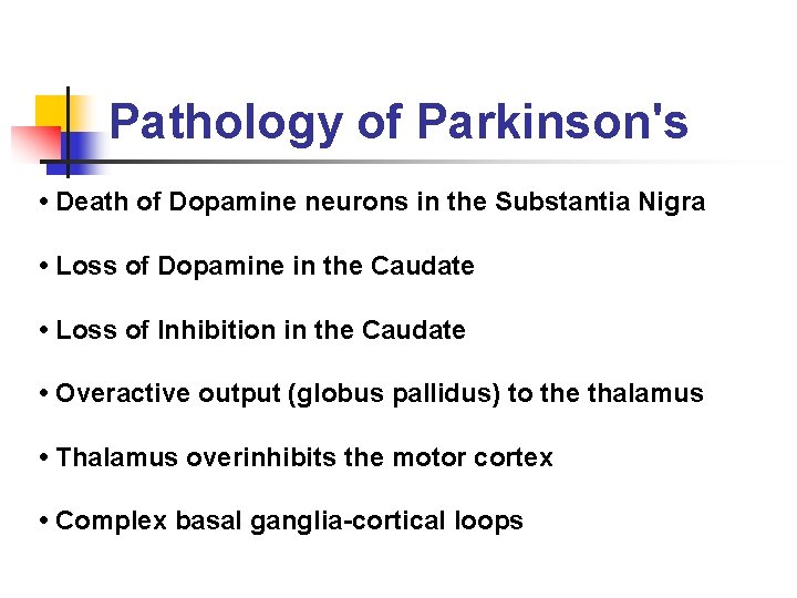 Pathology of Parkinson's • Death of Dopamine neurons in the Substantia Nigra • Loss