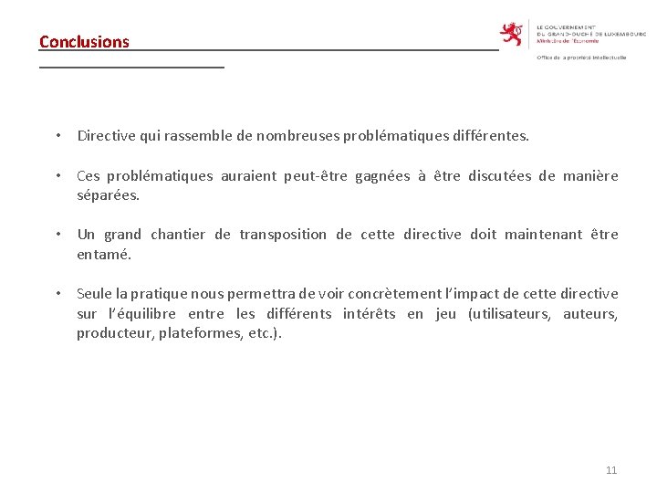 Conclusions • Directive qui rassemble de nombreuses problématiques différentes. • Ces problématiques auraient peut-être