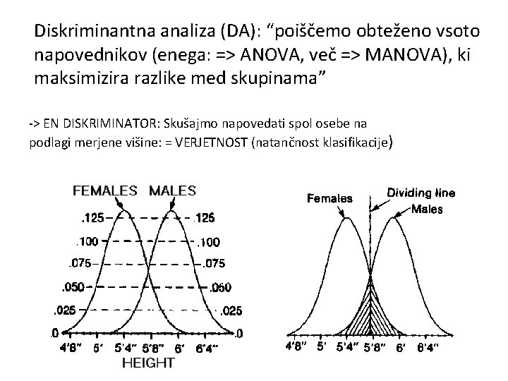 Diskriminantna analiza (DA): “poiščemo obteženo vsoto napovednikov (enega: => ANOVA, več => MANOVA), ki