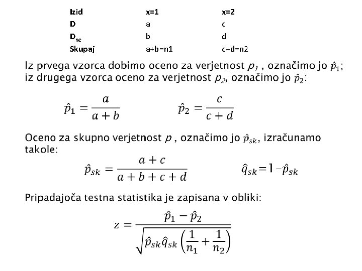 Izid D Dne Skupaj x=1 a b a+b=n 1 x=2 c d c+d=n 2