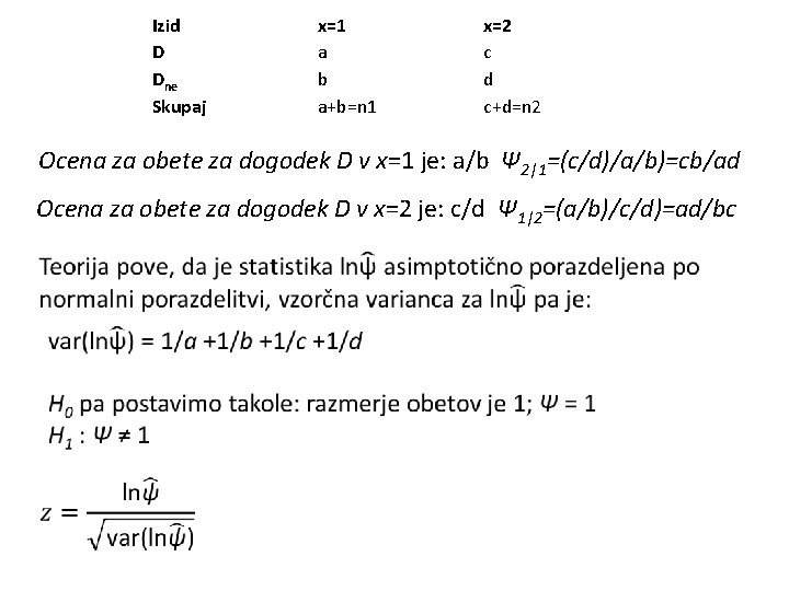 Izid D Dne Skupaj x=1 a b a+b=n 1 x=2 c d c+d=n 2