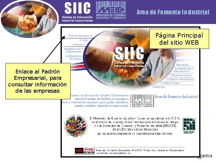 Página Principal del sitio WEB Enlace al Padrón Empresarial, para consultar información de las