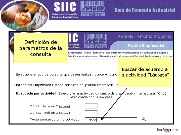 Definición de parámetros de la consulta Buscar de acuerdo a la actividad ”Lácteos" 