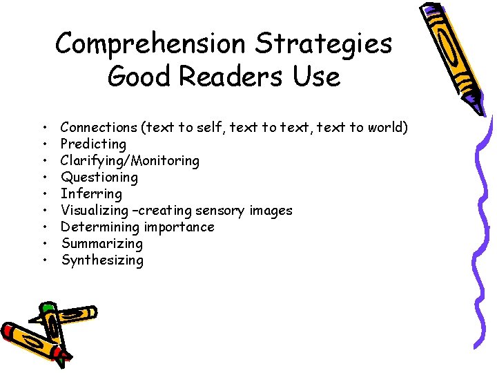 Comprehension Strategies Good Readers Use • • • Connections (text to self, text to