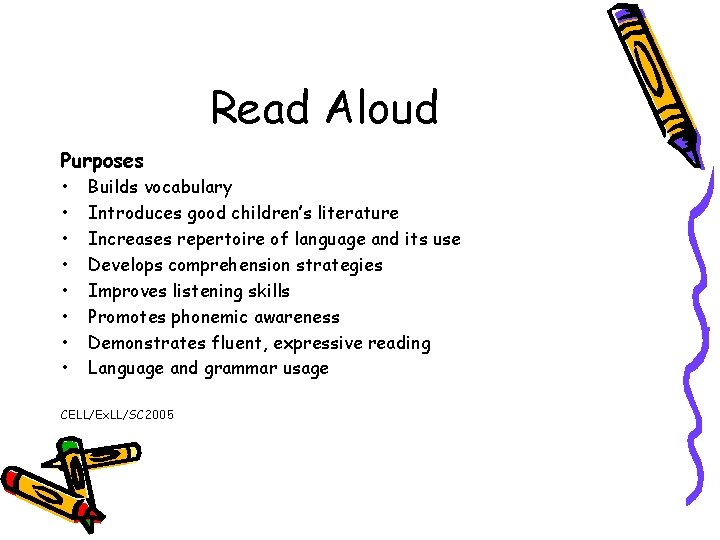 Read Aloud Purposes • • Builds vocabulary Introduces good children’s literature Increases repertoire of
