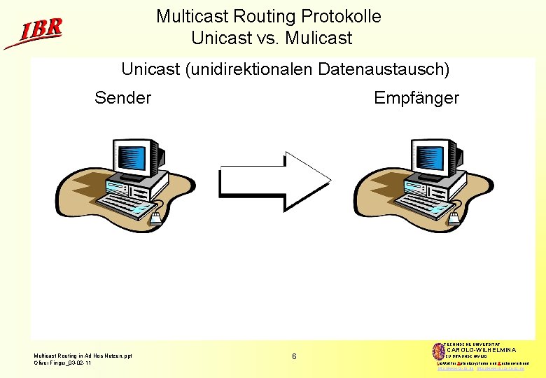 Multicast Routing Protokolle Unicast vs. Mulicast Unicast (unidirektionalen Datenaustausch) Sender Empfänger TECHNISCHE UNIVERSITÄT Multicast