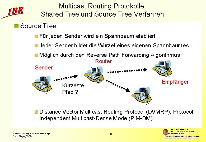 Multicast Routing Protokolle Shared Tree und Source Tree Verfahren Source Tree Für jeden Sender