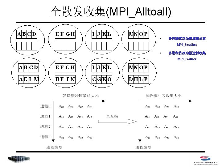 全散发收集(MPI_Alltoall) AB CD E F GH I J KL MN O P • 各进程依次为根进程分发