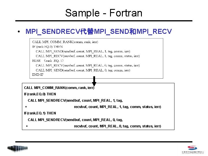 Sample - Fortran • MPI_SENDRECV代替MPI_SEND和MPI_RECV CALL MPI_COMM_RANK(comm, rank, ierr) IF(rank. EQ. 0) THEN CALL