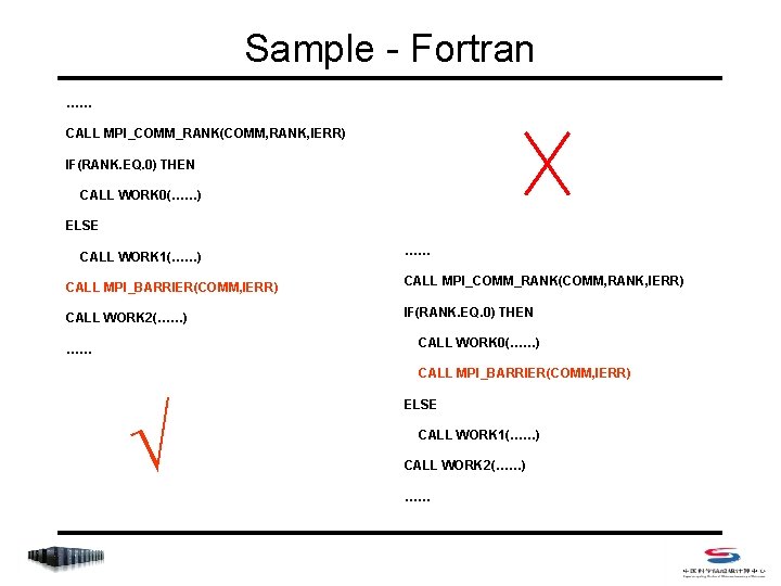 Sample - Fortran …… CALL MPI_COMM_RANK(COMM, RANK, IERR) IF(RANK. EQ. 0) THEN CALL WORK