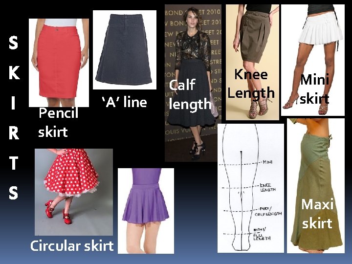 S K I R Pencil skirt ‘A’ line Calf length Knee Length Mini skirt