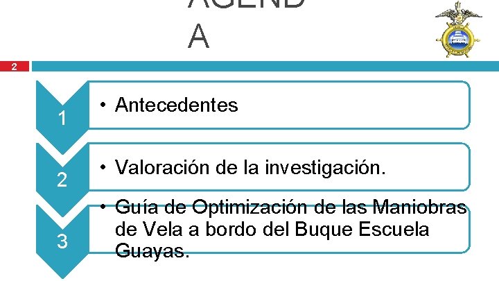 AGEND A 2 1 2 3 • Antecedentes • Valoración de la investigación. •