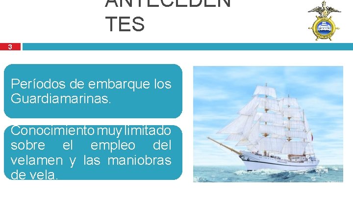 ANTECEDEN TES 3 Períodos de embarque los Guardiamarinas. Conocimiento muy limitado sobre el empleo