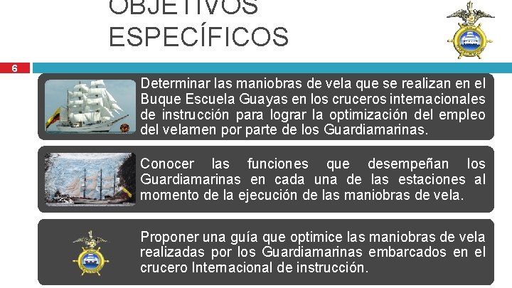 OBJETIVOS ESPECÍFICOS 6 Determinar las maniobras de vela que se realizan en el Buque