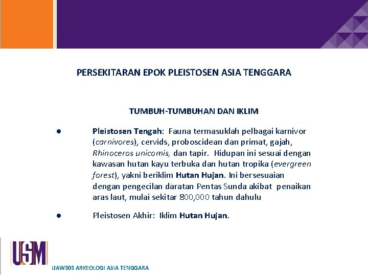 PERSEKITARAN EPOK PLEISTOSEN ASIA TENGGARA TUMBUH-TUMBUHAN DAN IKLIM ● Pleistosen Tengah: Fauna termasuklah pelbagai