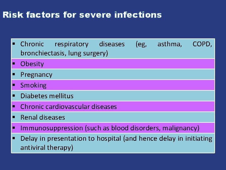 Risk factors for severe infections § Chronic respiratory diseases (eg, asthma, COPD, bronchiectasis, lung