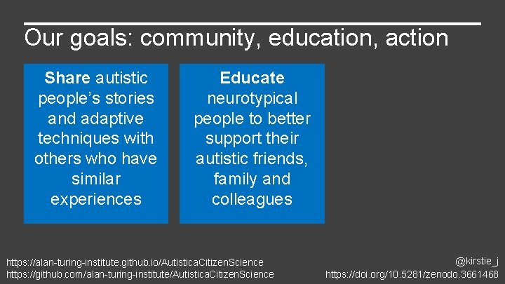 Our goals: community, education, action Share autistic people’s stories and adaptive techniques with others
