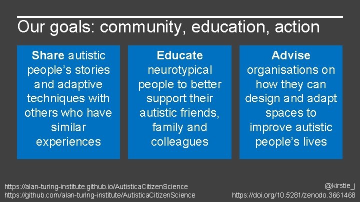 Our goals: community, education, action Share autistic people’s stories and adaptive techniques with others