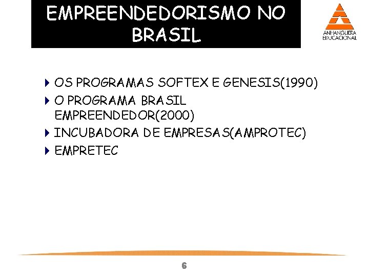 EMPREENDEDORISMO NO BRASIL 4 OS PROGRAMAS SOFTEX E GENESIS(1990) 4 O PROGRAMA BRASIL EMPREENDEDOR(2000) EMPREENDEDORISMO NO BRASIL 4 OS PROGRAMAS SOFTEX E GENESIS(1990) 4 O PROGRAMA BRASIL EMPREENDEDOR(2000)