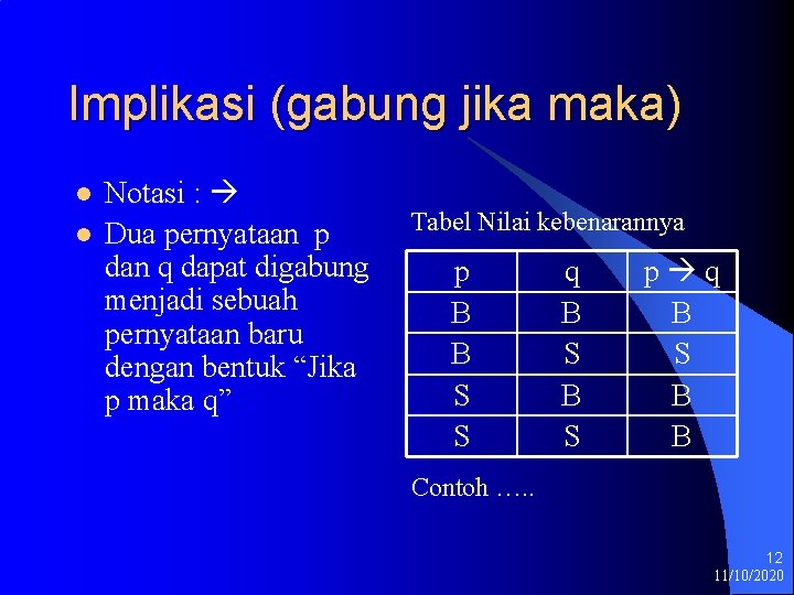 Implikasi (gabung jika maka) l l Notasi : Dua pernyataan p dan q dapat