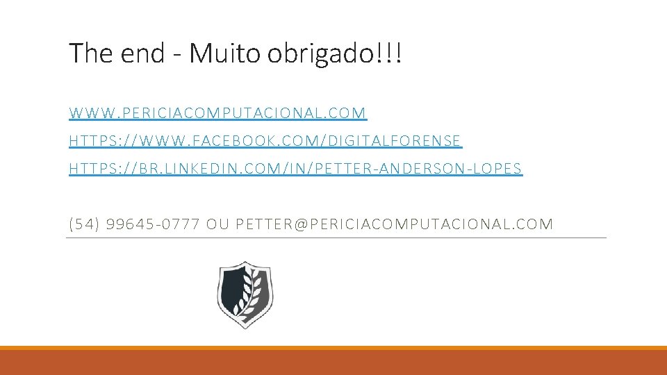 The end - Muito obrigado!!! WWW. PERICIACOMPUTACIONAL. COM HTTPS: //WWW. FACEBOOK. COM/DIGITALFORENSE HTTPS: //BR.