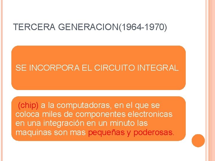 TERCERA GENERACION(1964 -1970) SE INCORPORA EL CIRCUITO INTEGRAL (chip) a la computadoras, en el