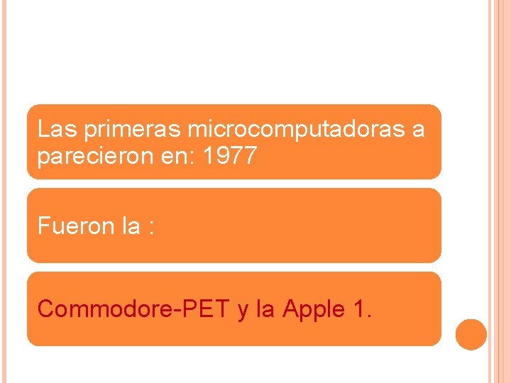 Las primeras microcomputadoras a parecieron en: 1977 Fueron la : Commodore-PET y la Apple