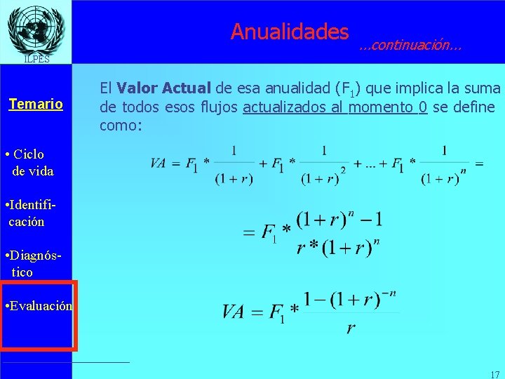 Anualidades . . . continuación. . . ILPES Temario El Valor Actual de esa