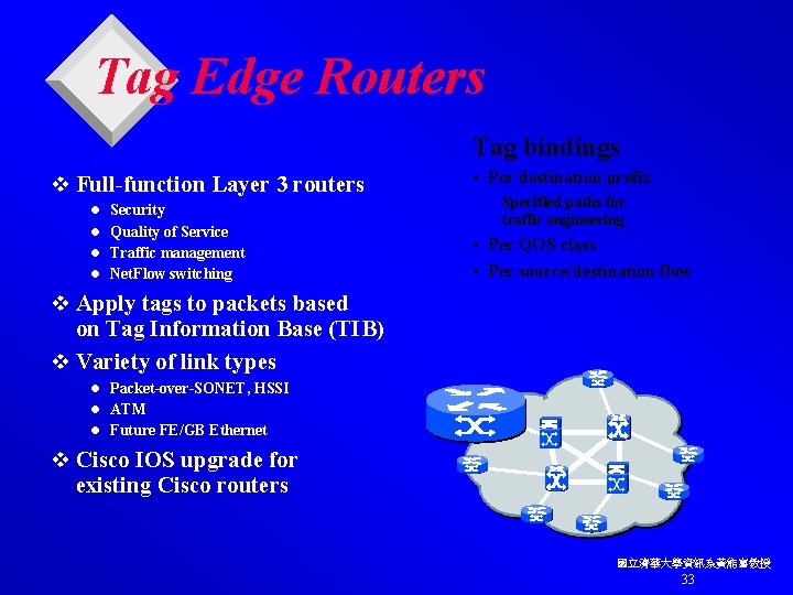 Tag Edge Routers Tag bindings v Full-function Layer 3 routers l Security l Quality