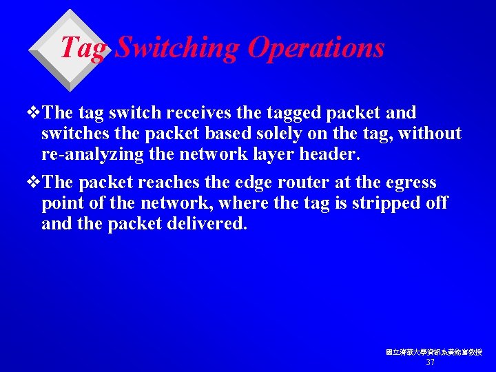 Tag Switching Operations v. The tag switch receives the tagged packet and switches the