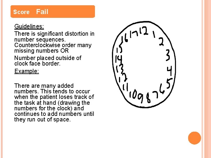 Score Fail Guidelines: There is significant distortion in number sequences. Counterclockwise order many missing