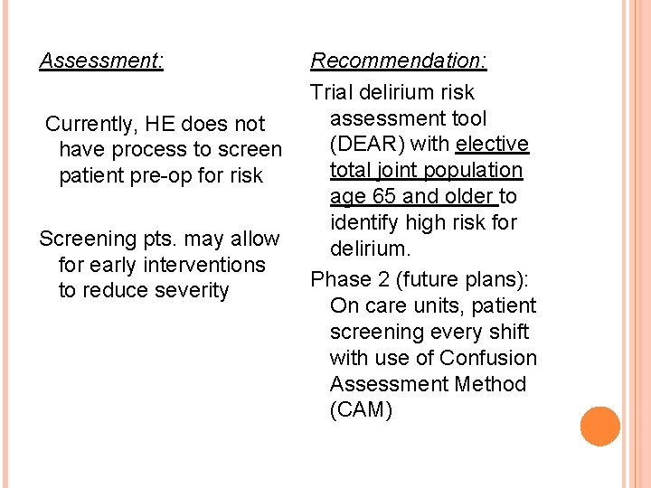 Assessment: Currently, HE does not have process to screen patient pre-op for risk Screening