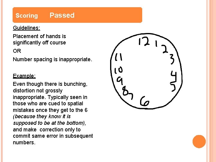 Scoring Passed Guidelines: Placement of hands is significantly off course OR Number spacing is Scoring Passed Guidelines: Placement of hands is significantly off course OR Number spacing is