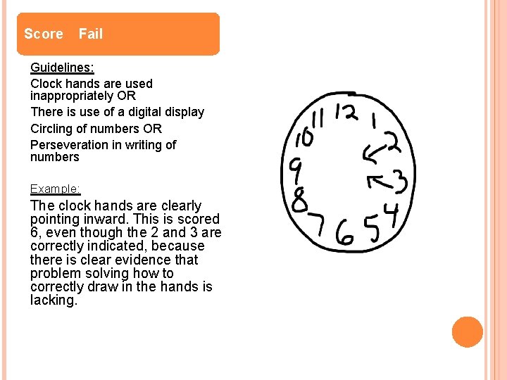 Score Fail Guidelines: Clock hands are used inappropriately OR There is use of a