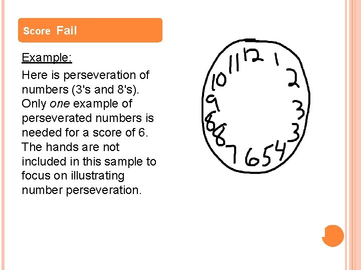 Score Fail Example: Here is perseveration of numbers (3's and 8's). Only one example